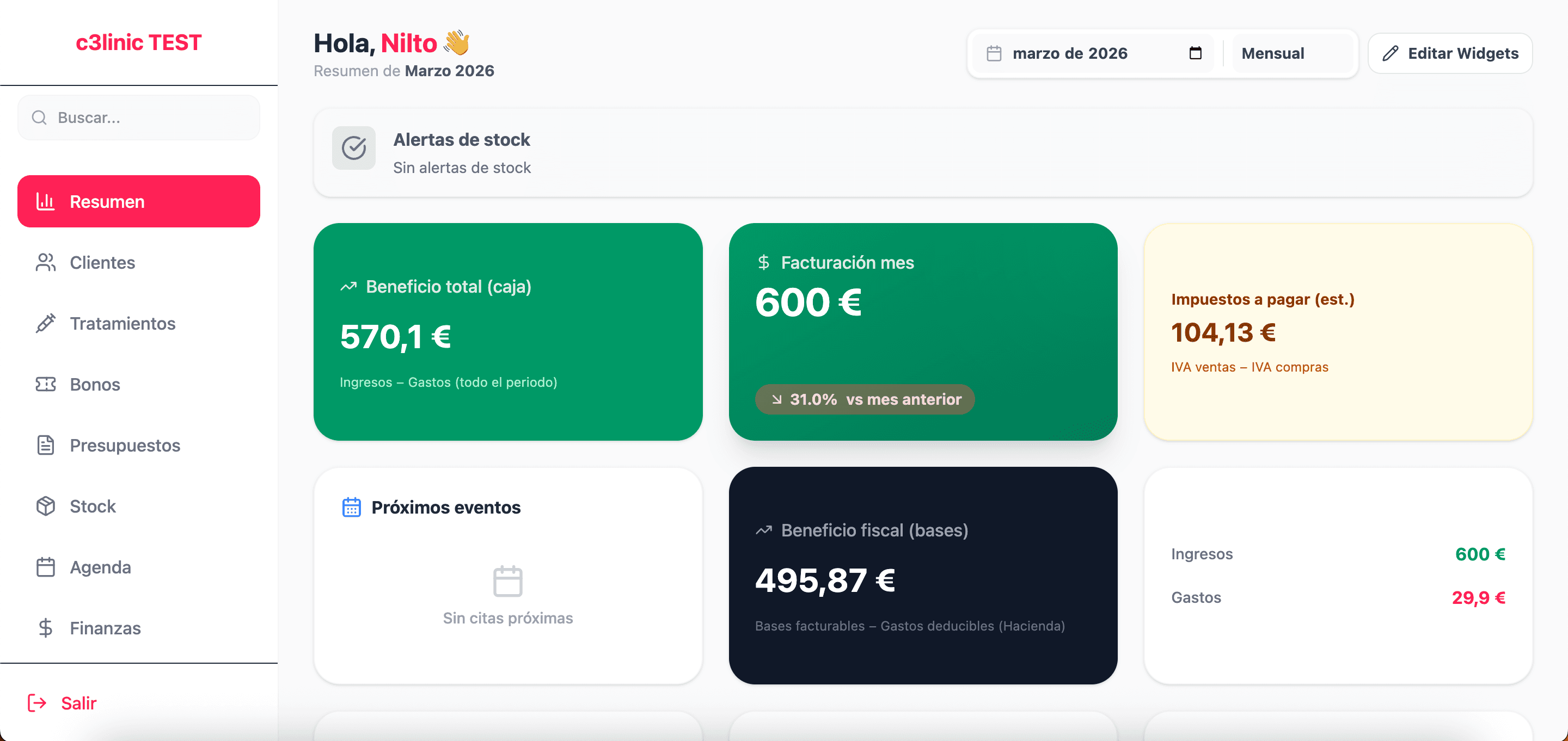 Captura del ERP en vista de escritorio
