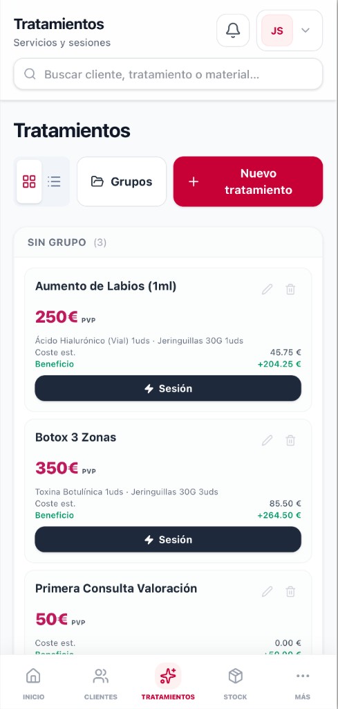 Base Clínica en móvil — tratamientos